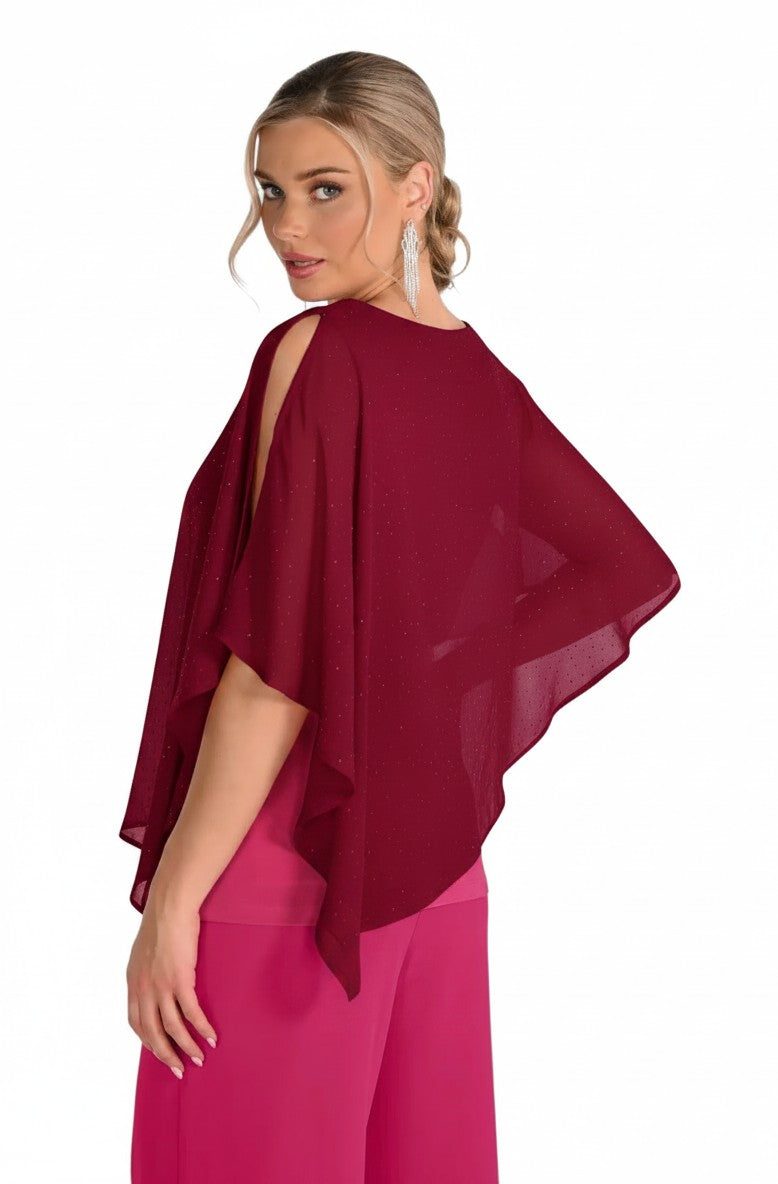The Strawberry Shop Frank Lyman burgundy chiffon cape-style top with cold-shoulder detail and subtle shimmer