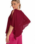 The Strawberry Shop Frank Lyman burgundy chiffon cape-style top with cold-shoulder detail and subtle shimmer