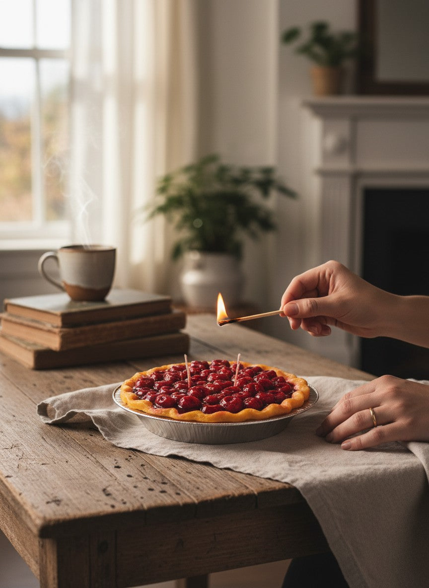 The Strawberry Shop cherry pie candle with a golden crust and a glossy cherry filling.