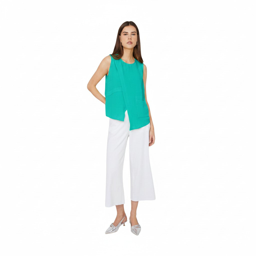 The Strawberry Shop Compli K lime green sleeveless polyester top with crew neck and button keyhole closure.
