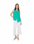 The Strawberry Shop Compli K lime green sleeveless polyester top with crew neck and button keyhole closure.