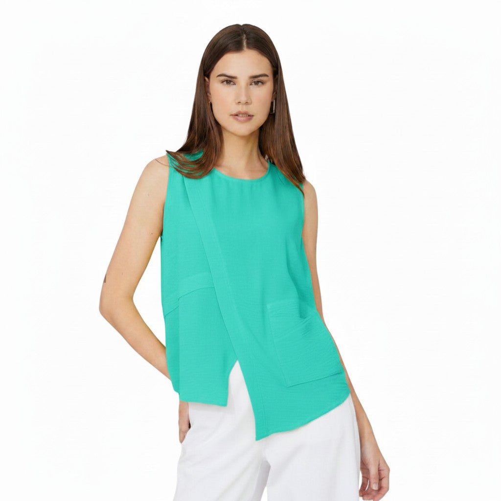 The Strawberry Shop Compli K sleeveless lime green polyester top with crew neck and button keyhole closure.