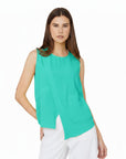 The Strawberry Shop Compli K sleeveless lime green polyester top with crew neck and button keyhole closure.