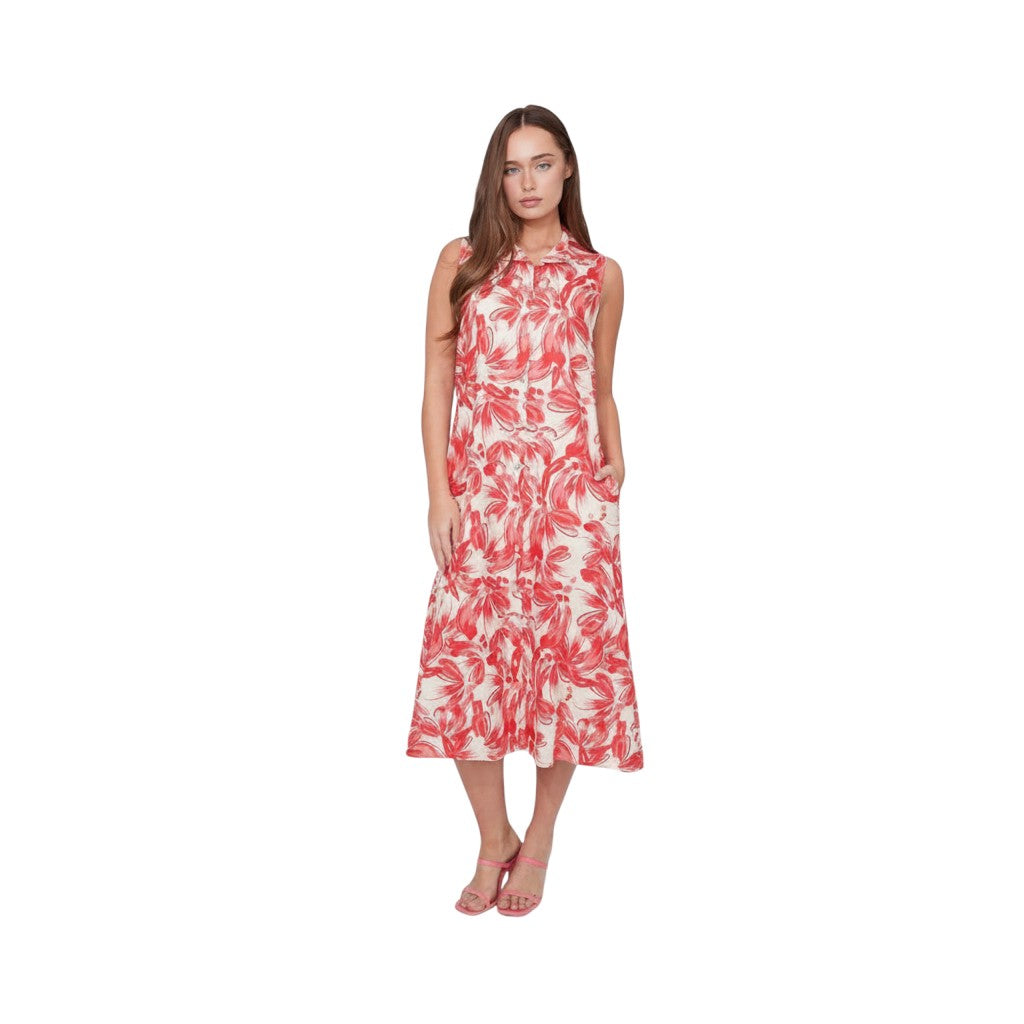 The Strawberry Shop sleeveless CompliK dress with a red floral print on a cream background, featuring a collared neckline and pockets.