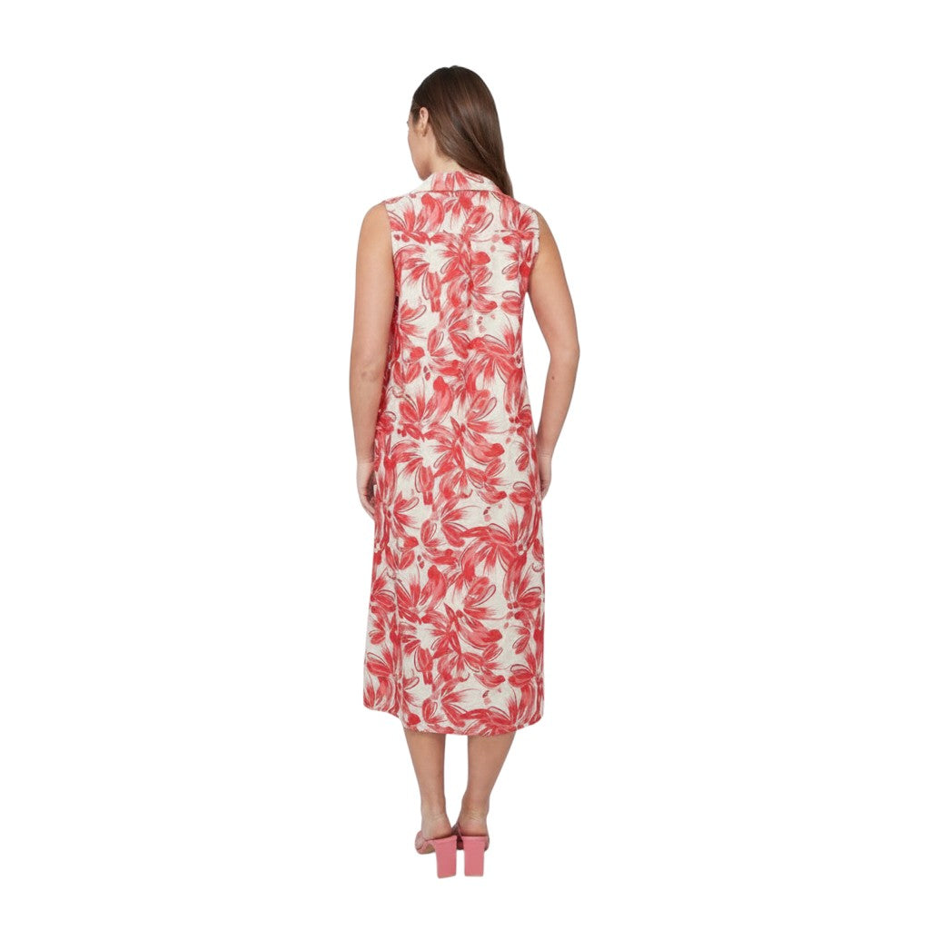 The Strawberry Shop CompliK Dress 8527 sleeveless midi dress with red floral print on a cream background.