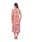 The Strawberry Shop CompliK Dress 8527 sleeveless midi dress with red floral print on a cream background.