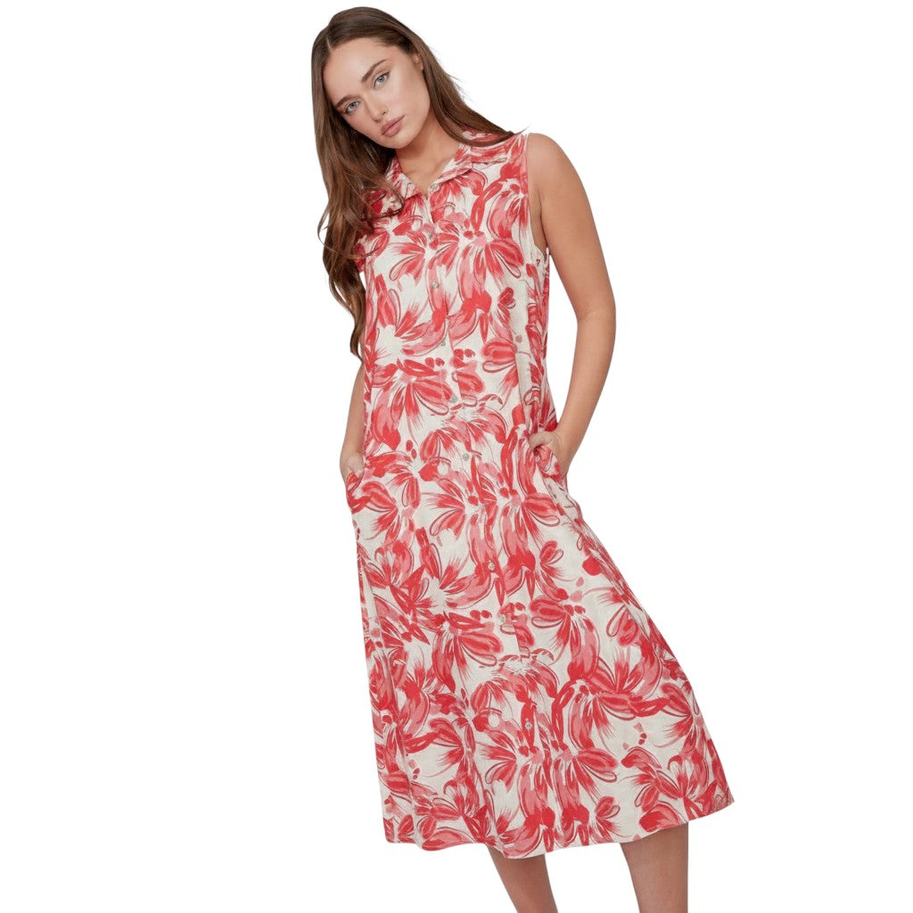 The Strawberry Shop CompliK Dress 8527: sleeveless midi dress with red floral print and collared neckline.