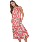 The Strawberry Shop CompliK Dress 8527: sleeveless midi dress with red floral print and collared neckline.