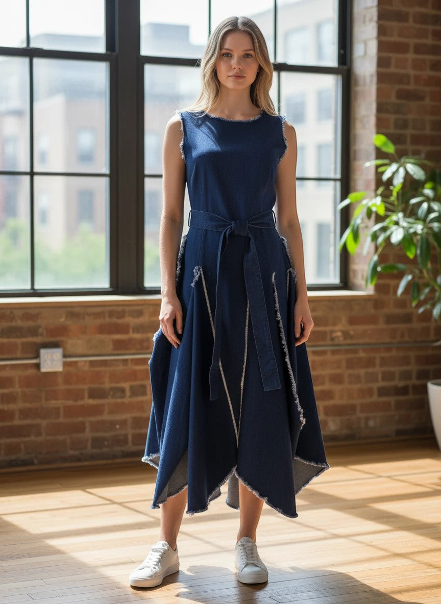 The Strawberry Shop dark denim stretch dress with tulip ruffles, zip back, hidden pockets, and frayed hem.
