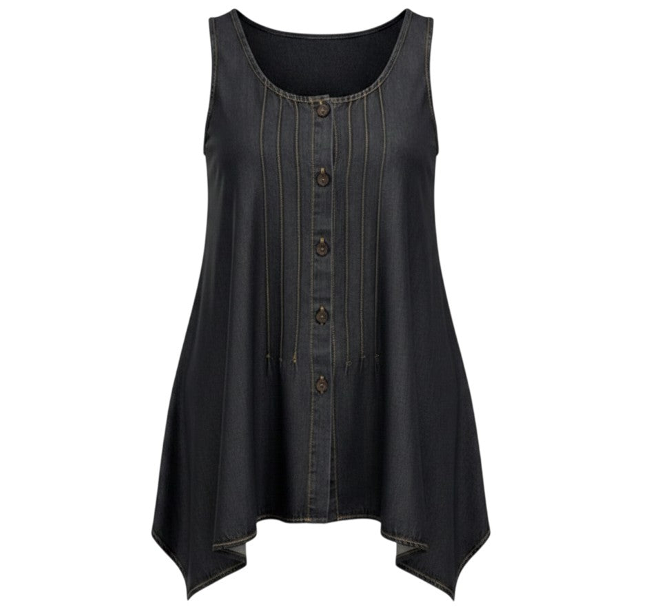The Strawberry Shop sleeveless dark wash denim swing top with button front and pintuck detail. 85% Tencel, 15% Cotton.