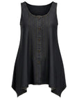 The Strawberry Shop sleeveless dark wash denim swing top with button front and pintuck detail. 85% Tencel, 15% Cotton.