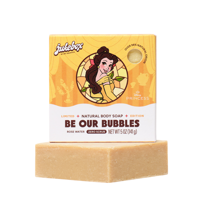 The Strawberry Shop Dr. Squatch Be Our Bubbles soap bar featuring Belle from Disney Princess on the packaging.