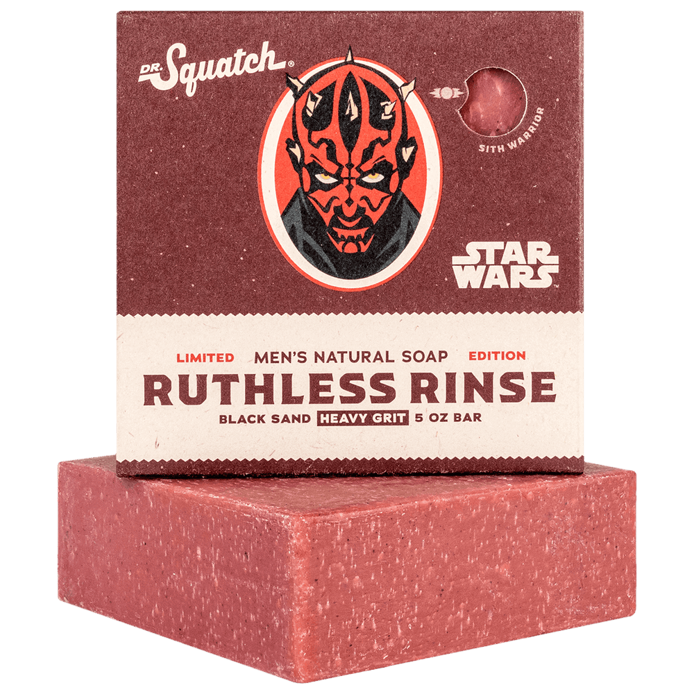 The Strawberry Shop Dr. Squatch Star Wars Ruthless Rinse exfoliating natural soap bar with heavy grit black sand.