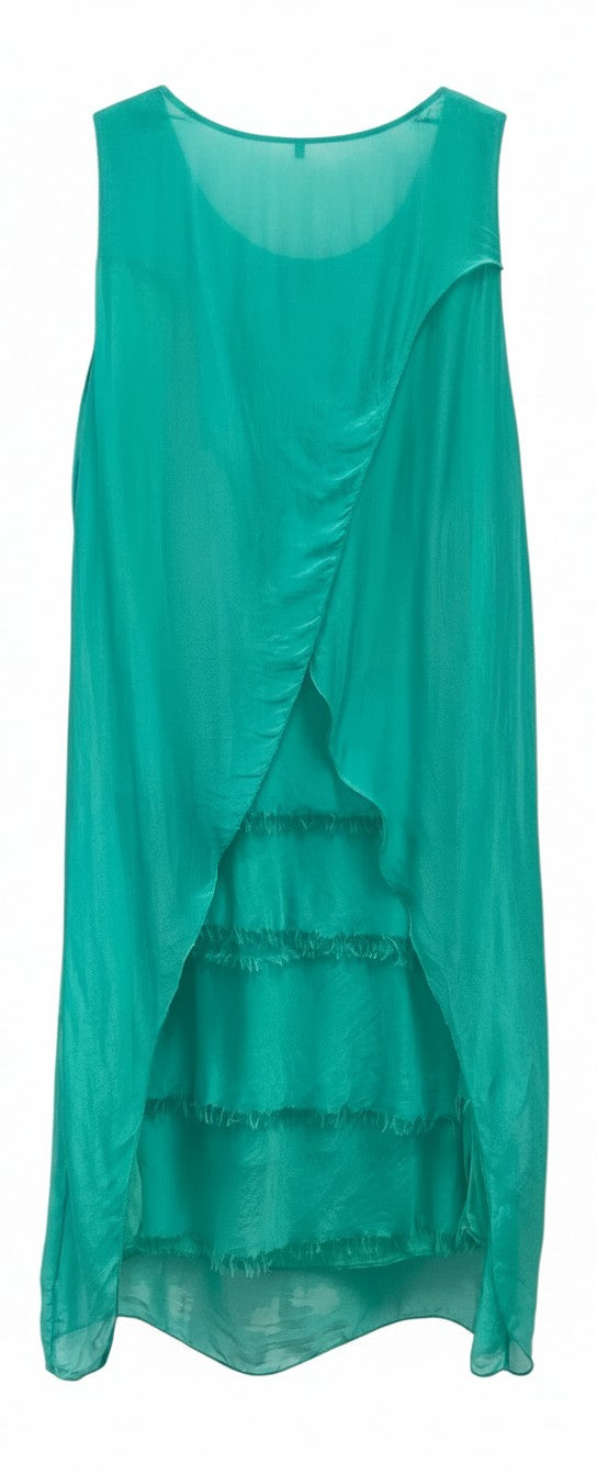 The Strawberry Shop sleeveless emerald green silk blend ruffle dress with raw-edge layered panels and fluid drape.