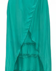 The Strawberry Shop sleeveless emerald green silk blend ruffle dress with raw-edge layered panels and fluid drape.