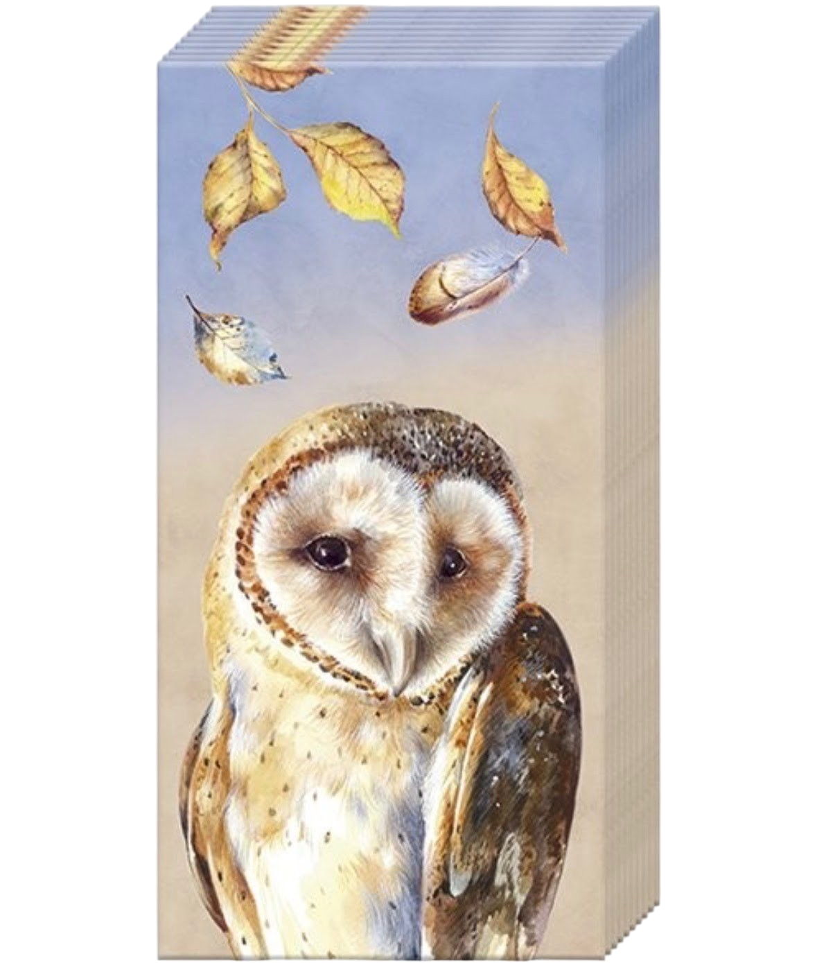 The Strawberry Shop Evie pocket tissues featuring a watercolor barn owl illustration with autumn leaves on blue background