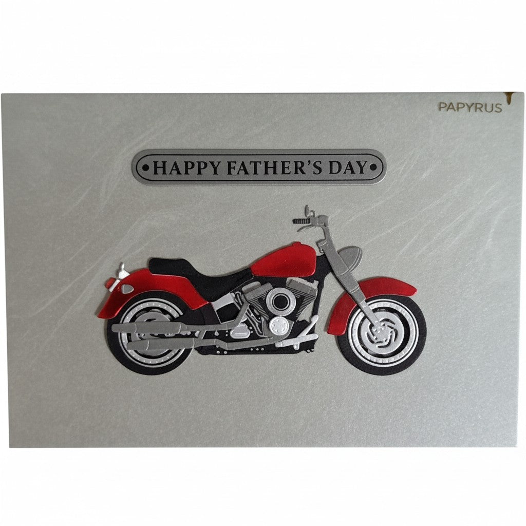 The Strawberry Shop Happy Father's Day card with a red motorcycle graphic and silver "Happy Father's Day" text.