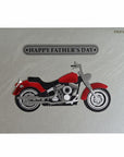 The Strawberry Shop Happy Father's Day card with a red motorcycle graphic and silver "Happy Father's Day" text.