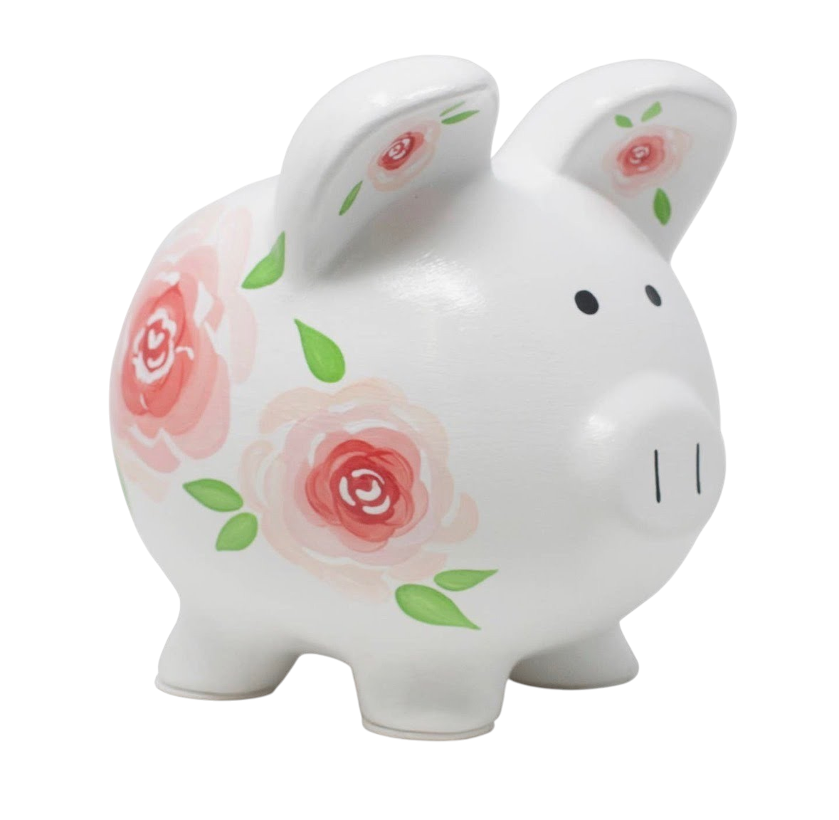 The Strawberry Shop Gypsy Rose piggy bank in white dolomite ceramic with handpainted pink and red floral motifs.