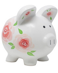 The Strawberry Shop Gypsy Rose piggy bank in white dolomite ceramic with handpainted pink and red floral motifs.