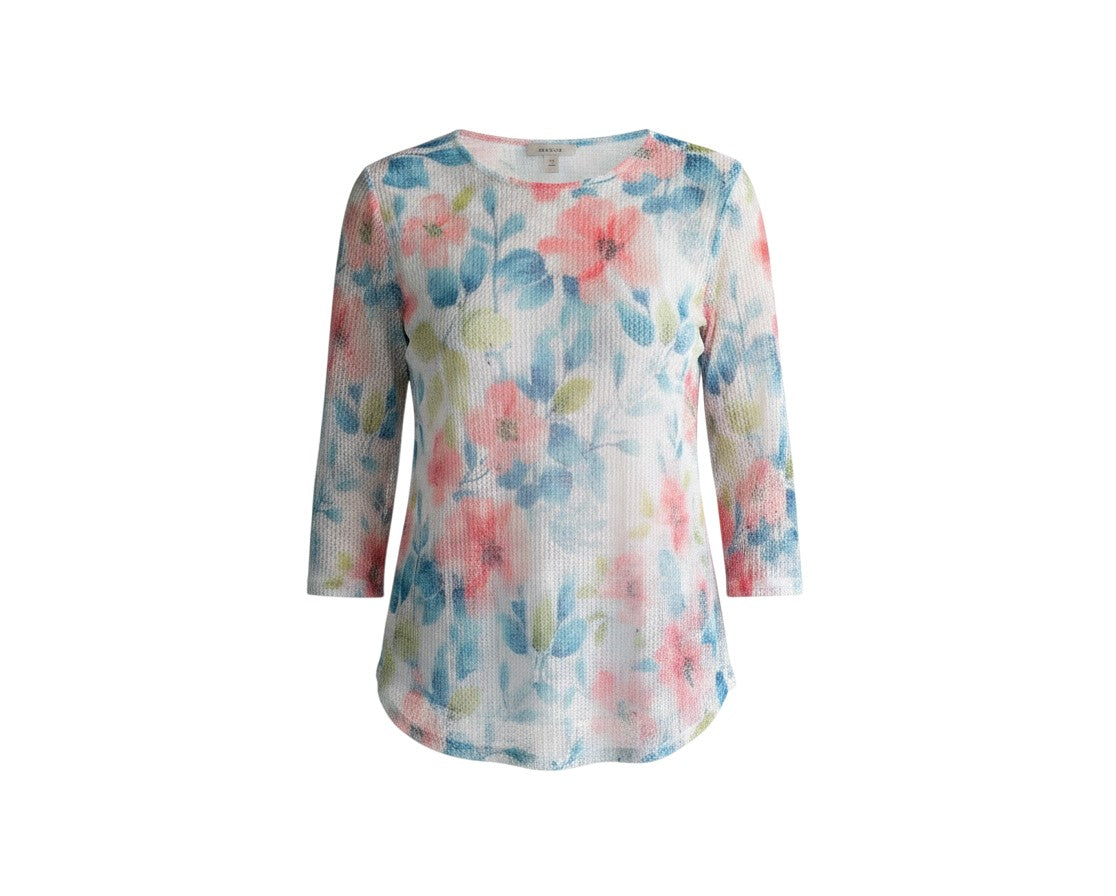 The Strawberry Shop floral openwork knit top with 3/4 mesh sleeves in pink, blue, and green on a white background.