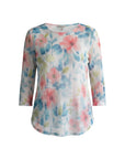 The Strawberry Shop floral openwork knit top with 3/4 mesh sleeves in pink, blue, and green on a white background.