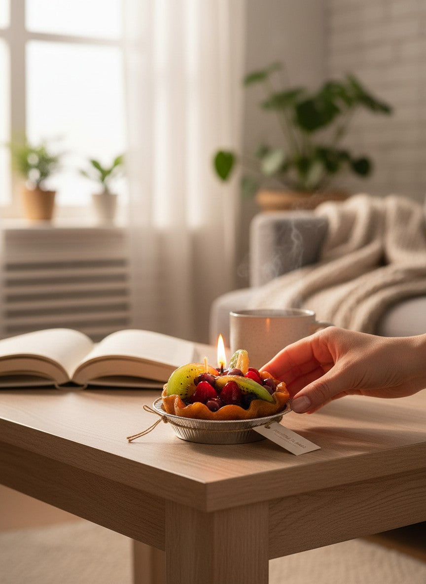 The Strawberry Shop fruit tart candle with realistic berries and kiwi slices in a pie crust.