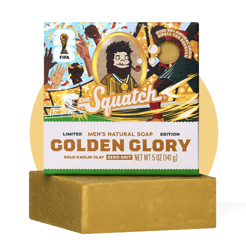 The Strawberry Shop Dr. Squatch Golden Glory natural soap bar with FIFA World Cup 2026 branding and gold kaolin clay.