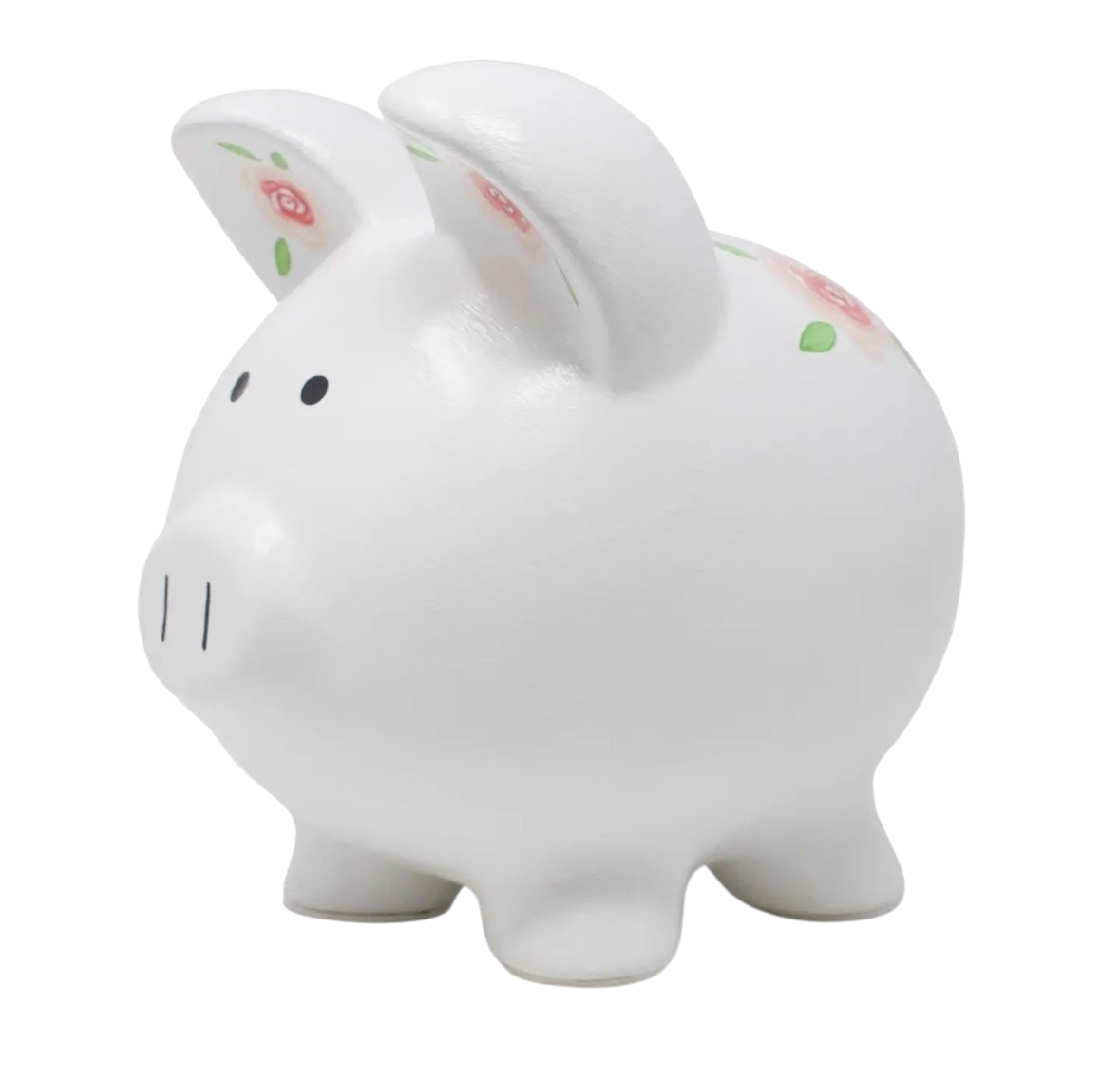 The Strawberry Shop Gypsy Rose Piggy Bank in white ceramic with handpainted pink rose and green leaf floral motifs.