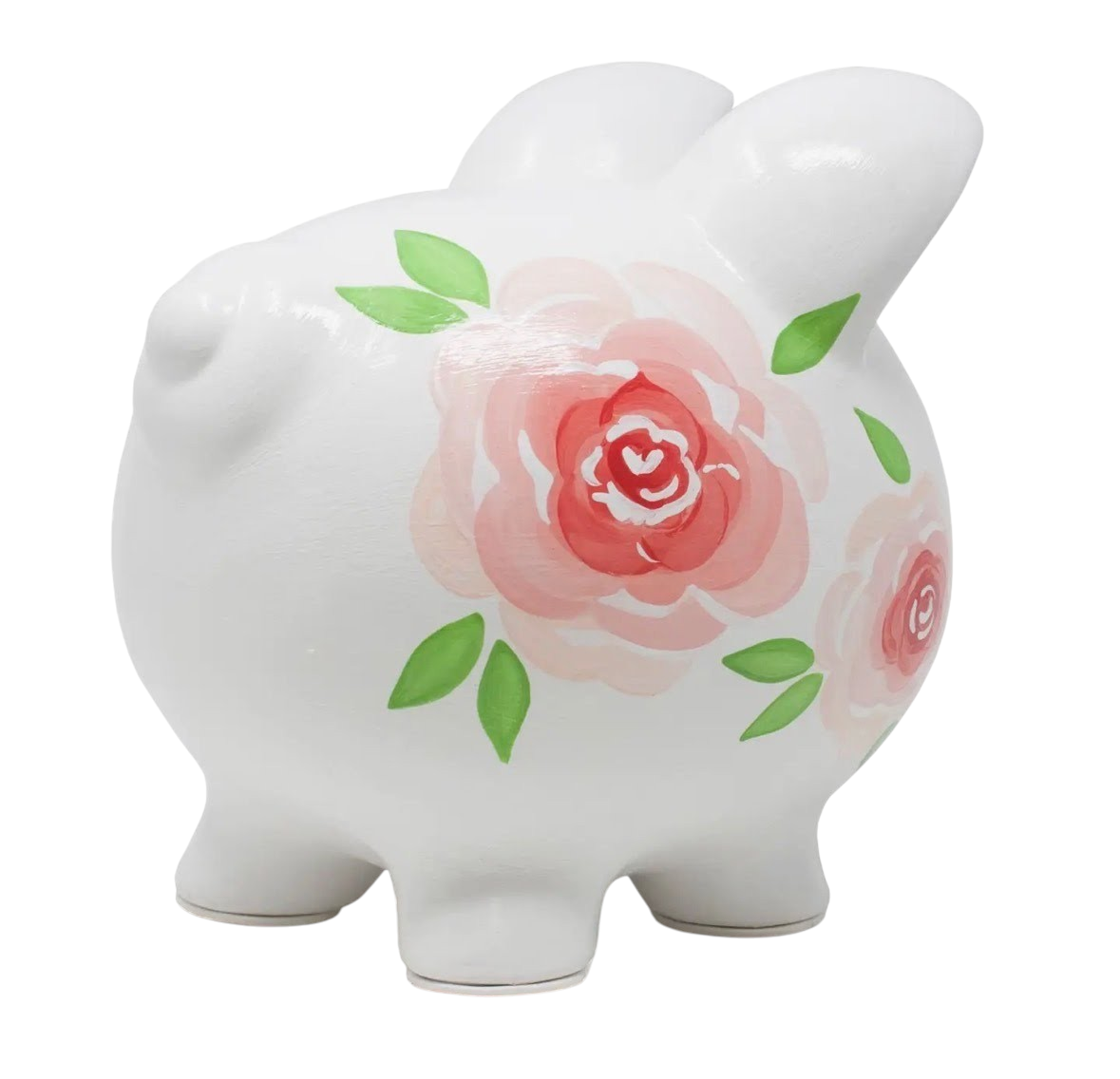 The Strawberry Shop Gypsy Rose Piggy Bank in white ceramic with handpainted pink and red rose floral motifs.