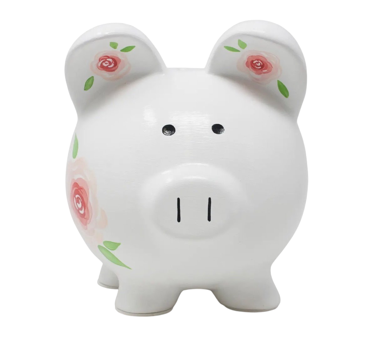 The Strawberry Shop Gypsy Rose Piggy Bank in white ceramic with handpainted pink floral motifs and green leaves.