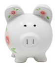 The Strawberry Shop Gypsy Rose Piggy Bank in white ceramic with handpainted pink floral motifs and green leaves.