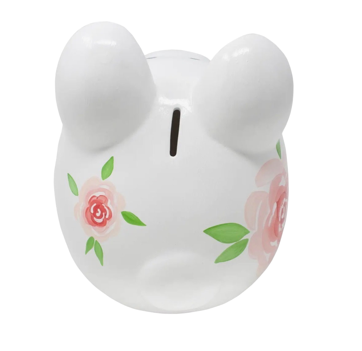 The Strawberry Shop Gypsy Rose Piggy Bank in white dolomite ceramic with handpainted pink floral motifs and coin slot.