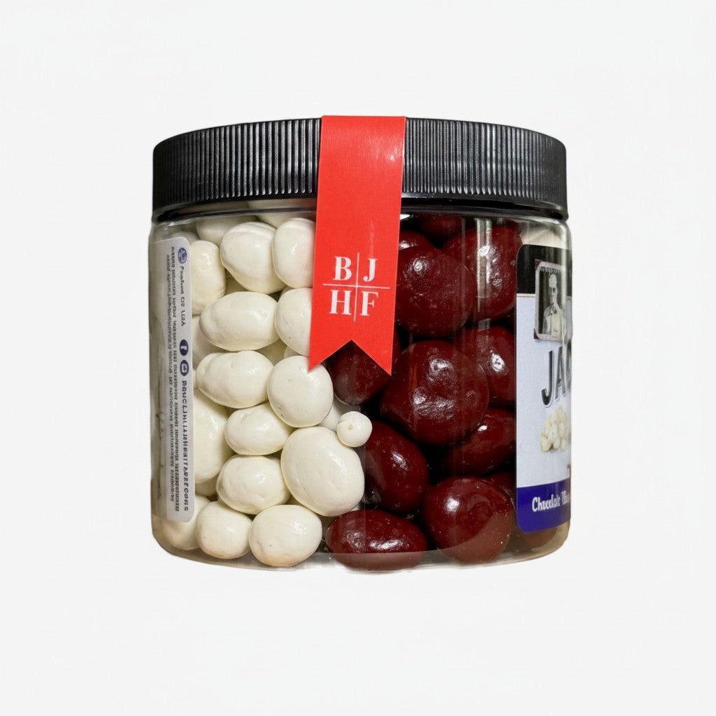 The Strawberry Shop's Bruce Julian Heritage Foods Jack's Jubilee features chocolate-covered cherries and yogurt-covered raisins in a clear jar.