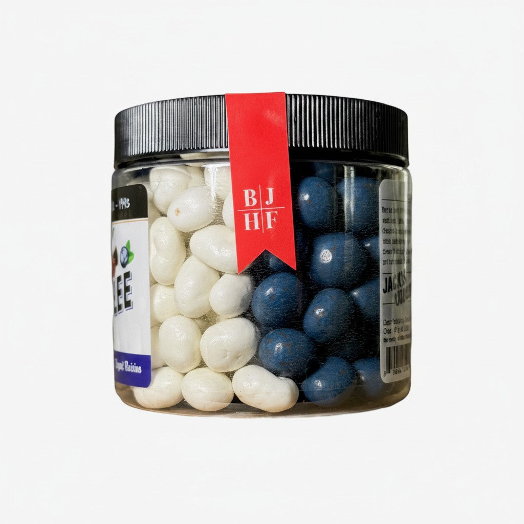 The Strawberry Shop Bruce Julian Heritage Foods Jack's Jubilee jar of white yogurt covered raisins and blue chocolate covered blueberries.