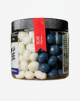 The Strawberry Shop Bruce Julian Heritage Foods Jack's Jubilee jar of white yogurt covered raisins and blue chocolate covered blueberries.