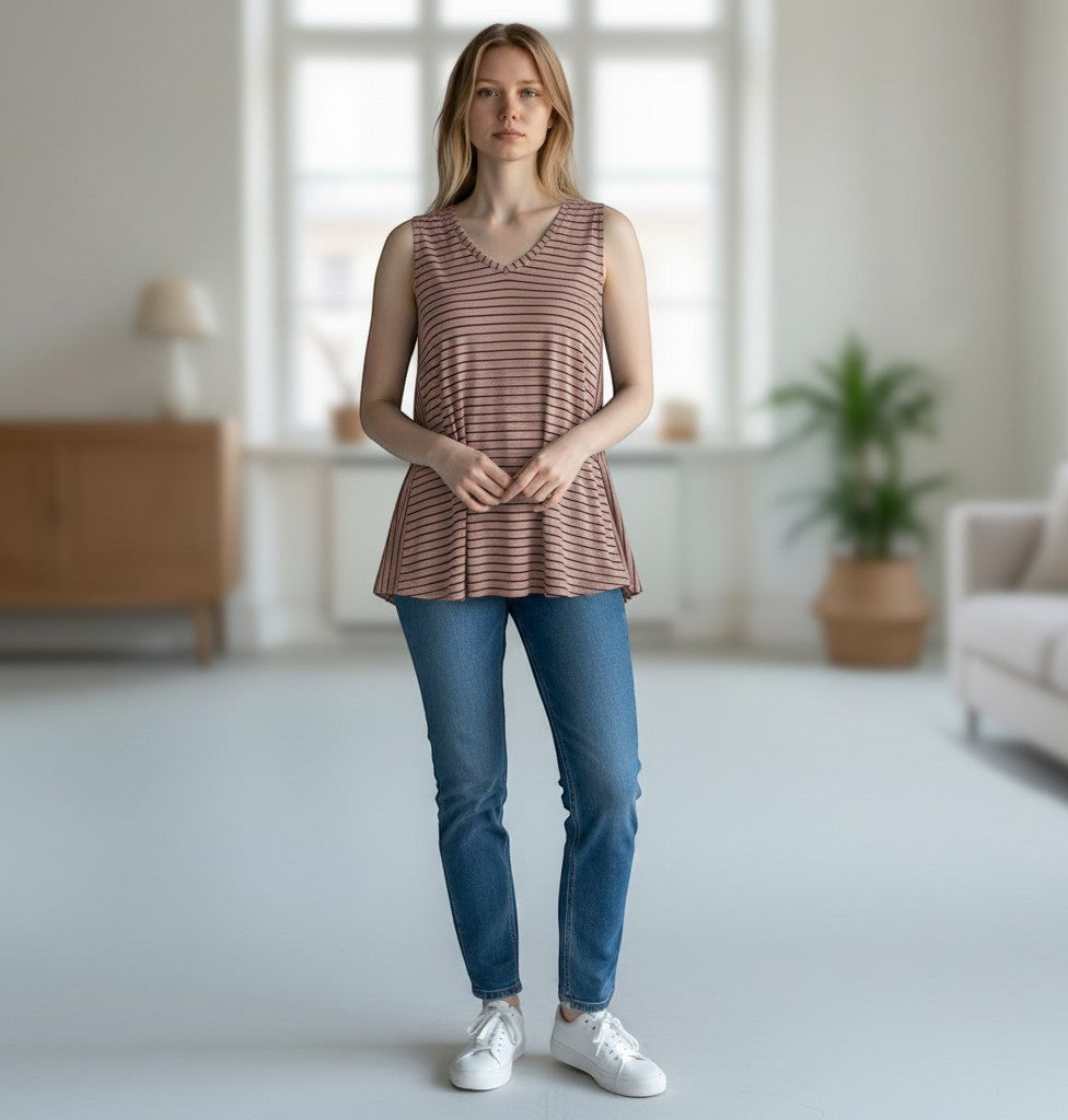 The Strawberry Shop Kleen Espresso swing tank top in cotton with horizontal and vertical stripes, V-neck.
