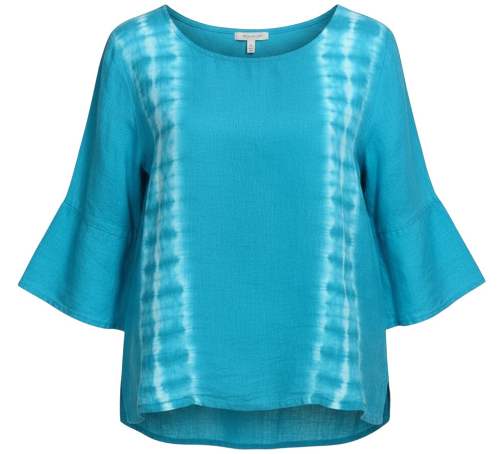 The Strawberry Shop Kleen tie-dye linen swing top with 3/4 sleeves and a high-low hem in turquoise.