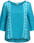 The Strawberry Shop Kleen tie-dye linen swing top with 3/4 sleeves and a high-low hem in turquoise.