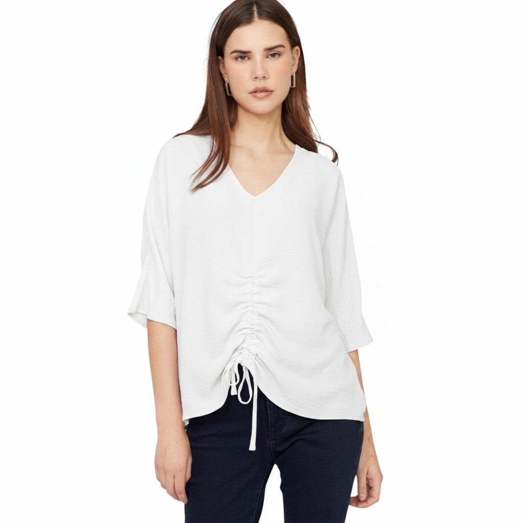 The Strawberry Shop CompliK Top 36050, a lavender ruched V-neck blouse with drawstring detail and 3/4 sleeves.