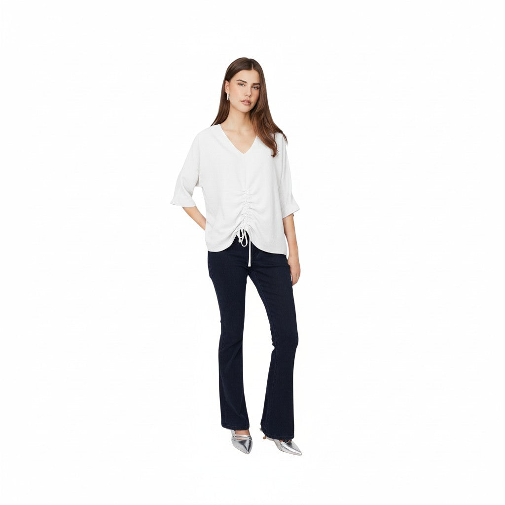 The Strawberry Shop lavender ruched v-neck 3/4 sleeve top with drawstring detail.