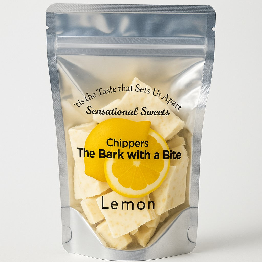 The Strawberry Shop Chippers Lemon Bark with a Bite white chocolate candy pieces with lemon flavor. Gluten-free, nut-free, Kosher.