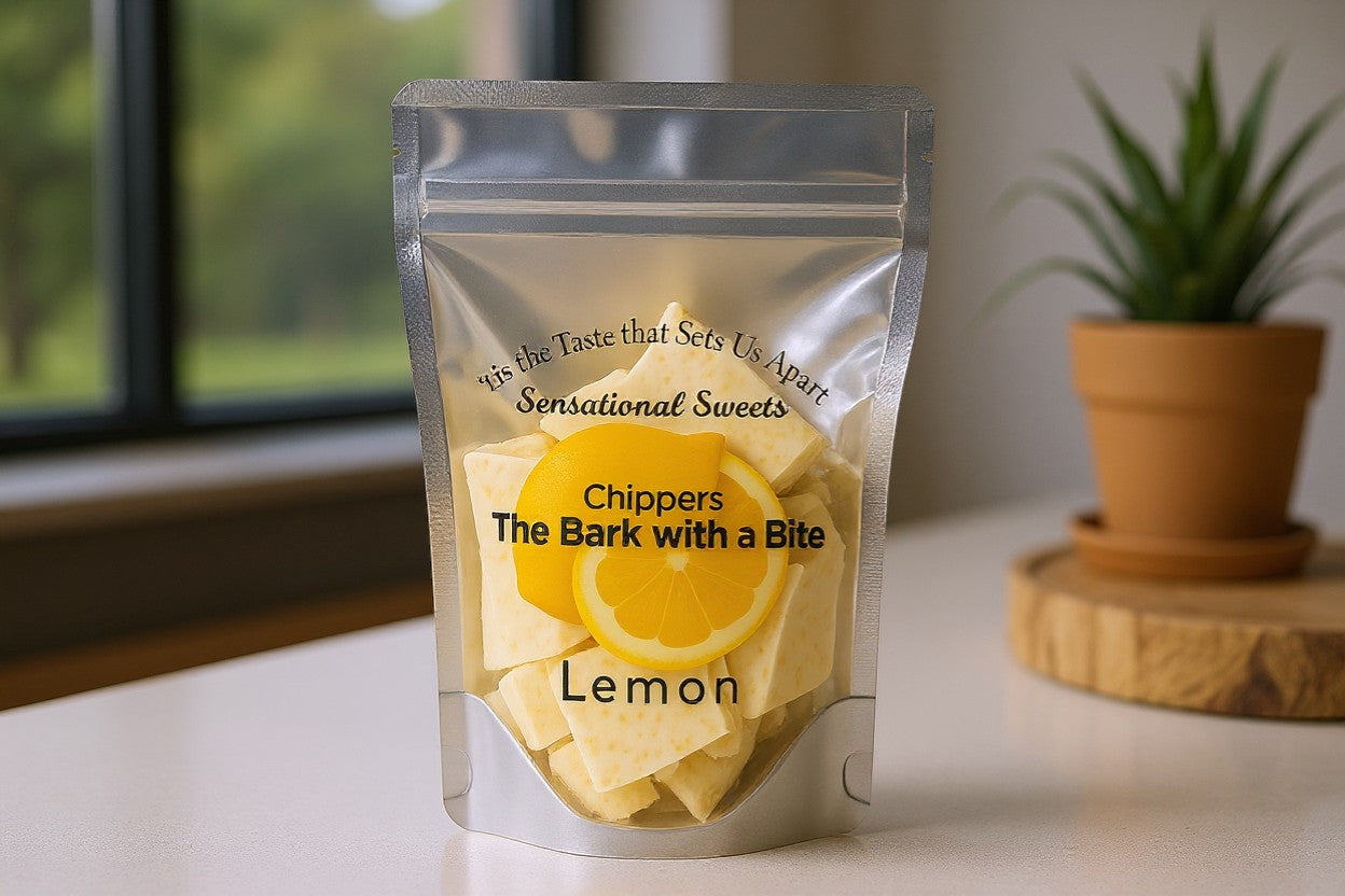 The Strawberry Shop Chippers lemon white chocolate bark candy, gluten-free, nut-free, kosher.