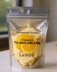 The Strawberry Shop Chippers lemon white chocolate bark candy, gluten-free, nut-free, kosher.
