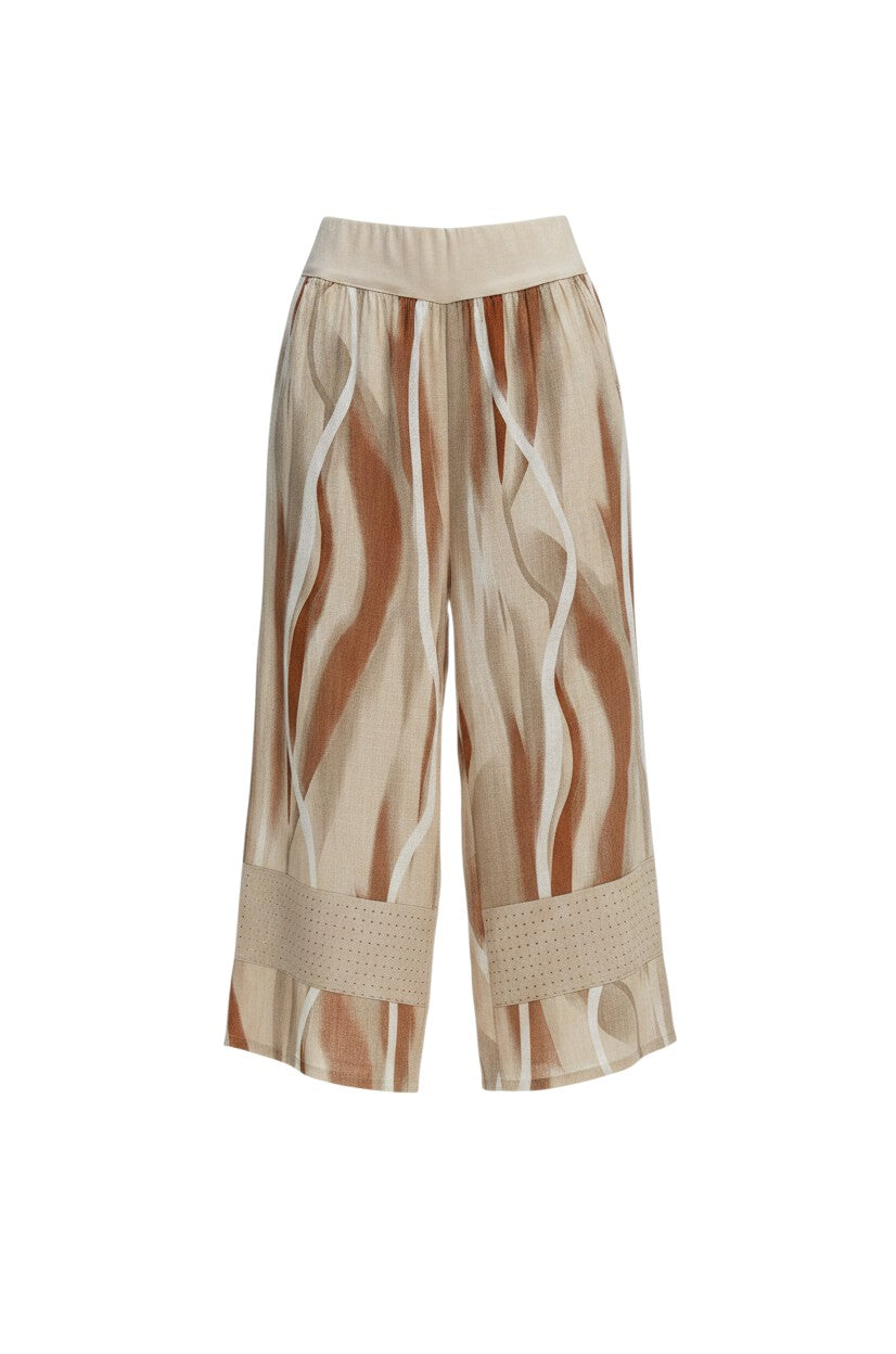 The Strawberry Shop Eliza Merina Linen Pants C6504, 100% linen wide leg cropped pants with abstract stripes and elastic drawstring waist.