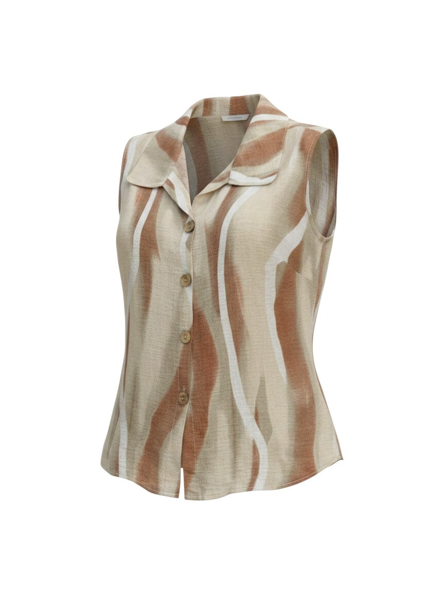 The Strawberry Shop Eliza's Horizon Linen Top: beige, rust, and white striped sleeveless linen button-front top with collar.