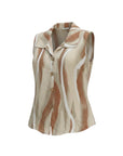 The Strawberry Shop Eliza's Horizon Linen Top: beige, rust, and white striped sleeveless linen button-front top with collar.
