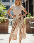 The Strawberry Shop Eliza Merina Linen Pants C6504 - beige and brown striped wide leg linen pants with elastic drawstring waist and pockets.