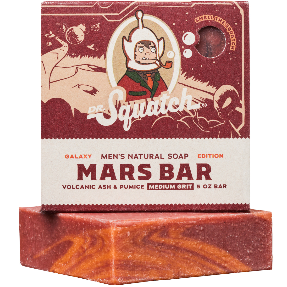 The Strawberry Shop Dr. Squatch Mars Bar natural soap with red and orange cosmic swirl, volcanic ash, and pumice.