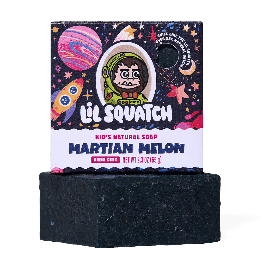 The Strawberry Shop Dr. Squatch Lil Squatch Martian Melon natural soap bar for kids with space-themed packaging.